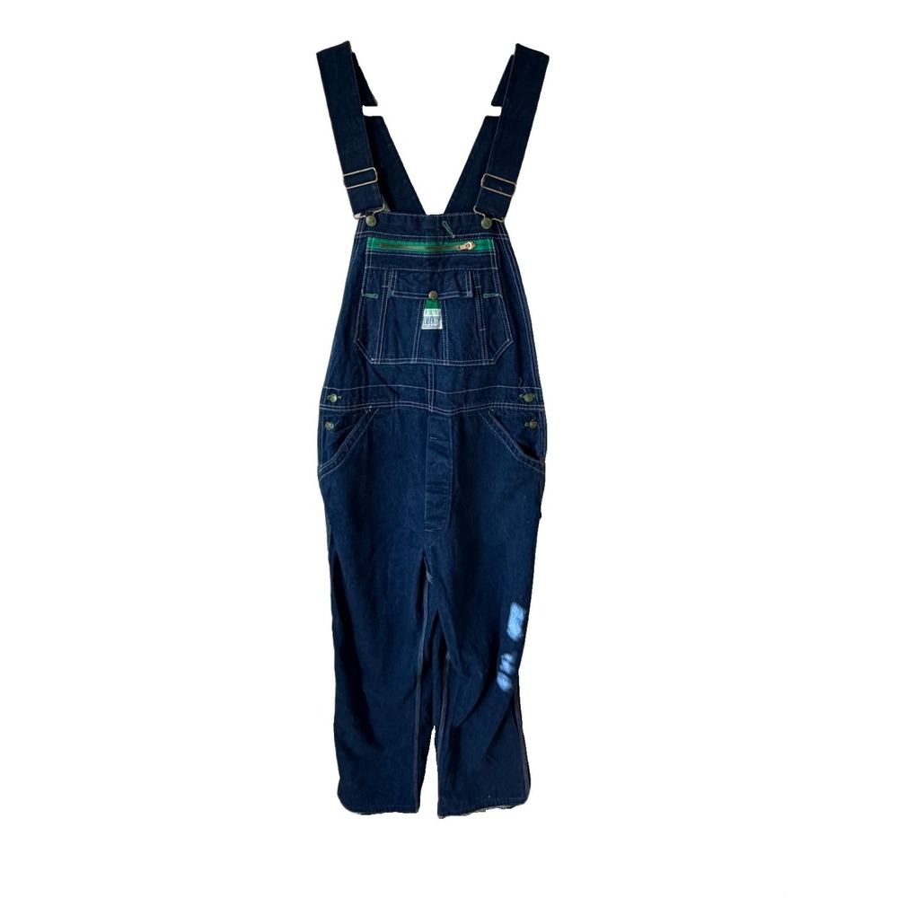 Liberty Overalls Mens Blue Denim Bib Workwear Green Zipper 34x30 Vintage